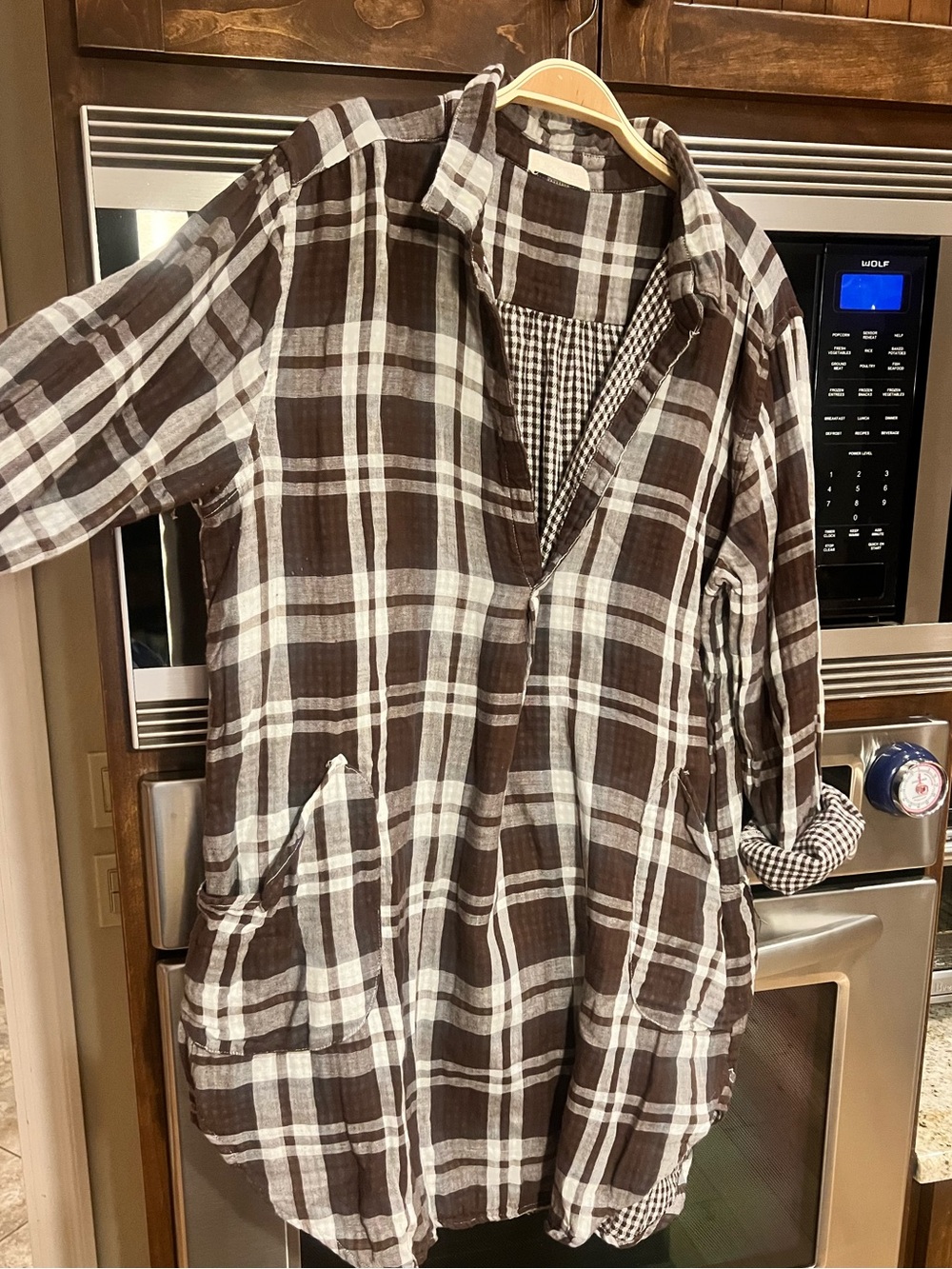 CP SHADES WMNS TETON CHOCOLATE BROWN/WHITE PLAID COTTON TUNIC 2 pocket SZ LARGE